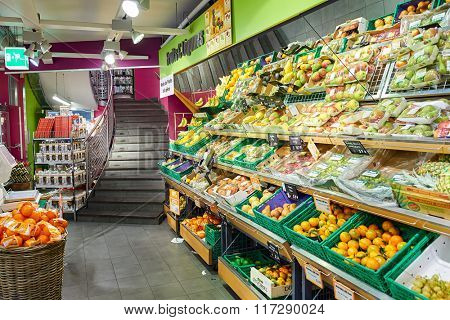 GENEVA, SWITZERLAND - SEPTEMBER 18, 2015: interior of Migros supermarket. Migros is Switzerland's largest retail company, its largest supermarket chain and largest employer