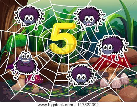 Five spiders around number 5 illustration