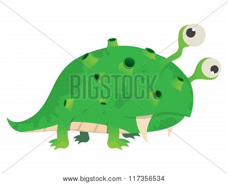 Funny green monster mutant eyes on four legs with fangs