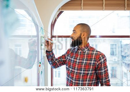 Profile of handsome african man with beard standing and writing on whiteboard
