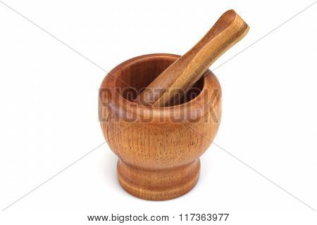 Single Vintage Wooden Mortar And Pestle Isolated, Top View, Closeup