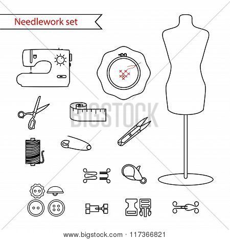 Vector line sewing icon set. Outlined needlework vector icon set