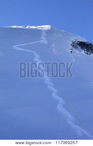 Trace From Ski On Off-piste Slope In Early Morning