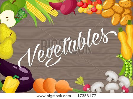 Ingredients for cooking on an old wooden table. Vegetarian flat design. Healthy food of different ve