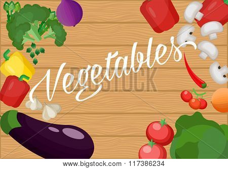 Ingredients for cooking on an old wooden table. Vegetarian flat design. Healthy food of different ve