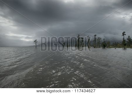 Rain storm over Lake Brunner, west coast, New Zealand