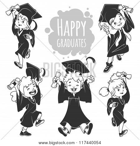 Very Happy Kids. Graduates In Gowns And With A Diploma In Hand.
