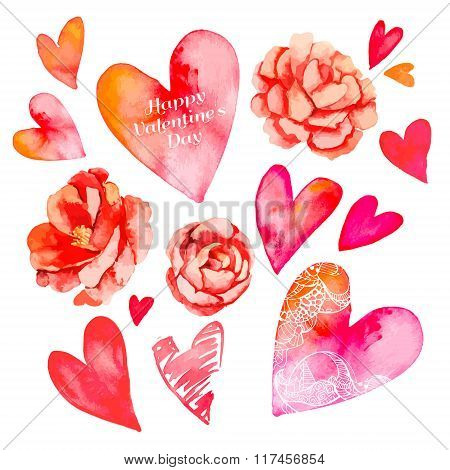 Set of hearts and roses. Valentine Day. Watercolor heart. . Camellia.