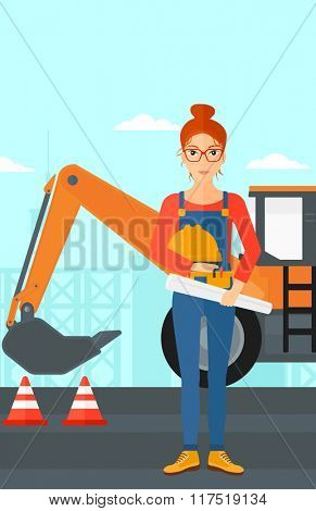 Engineer with hard hat and blueprint.