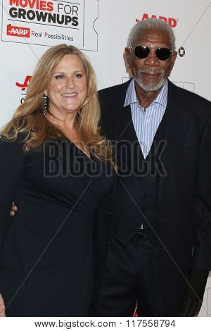 LOS ANGELES - FEB 8:  Lori McCreary, Morgan Freeman at the 15th Annual Movies For Grownups Awards at the Beverly Wilshire Hotel on February 8, 2016 in Beverly Hills, CA