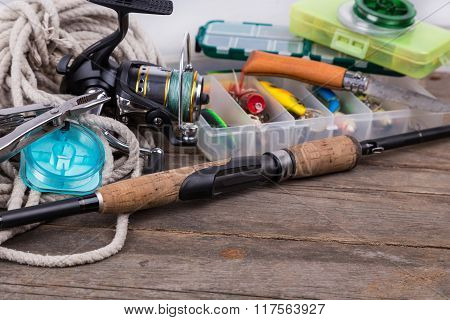 Fishing Tackles And Baits In Storage Boxes