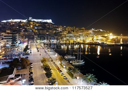 Amazing night Panorama of port and old town of Kavala, Greece