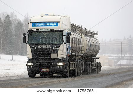 White Scania R730 Tank Truck In Snowfall