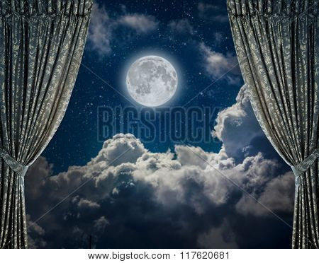 fabric curtains on a nigt sky background. Elements of this image furnished by NASA