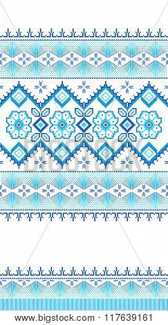 Blue embroidered good like old handmade cross-stitch ethnic Ukraine pattern. Ukrainian towel with ornament, rushnyk called, in vector