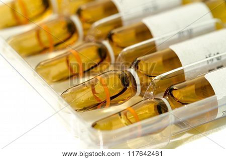 Many Sterile Vial And Ampule Filled With Injection Dosage Form Solution Isolated On White