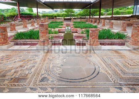 Roman Domus of Fountains. View of the interior garden, peristyle, and pond with very ornate mosaics. Conimbriga in Portugal, is one of the best preserved Roman cities on the west of the empire.