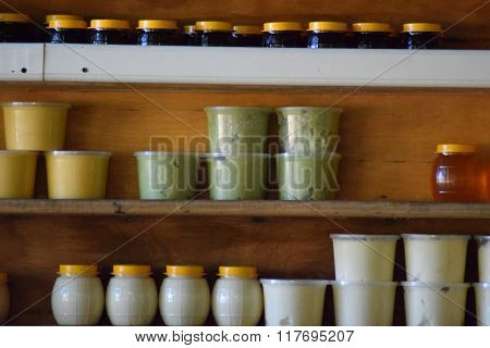 Jars of honey on the counter. Fresh honey from the apiary.
** Note: Soft Focus at 100%, best at smaller sizes