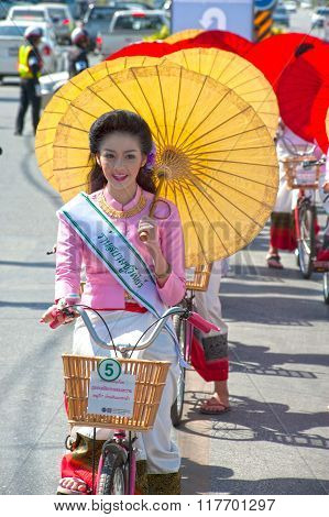Pretty Woman In Parade,Umbrella Festival In Thailand.