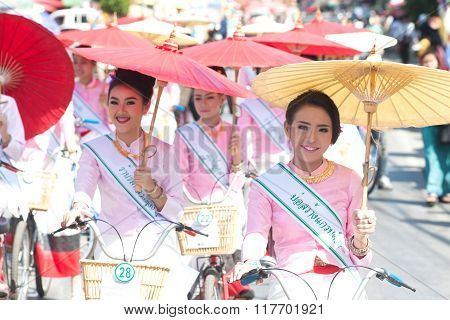 Pretty Woman In Parade,Umbrella Festival In Thailand.