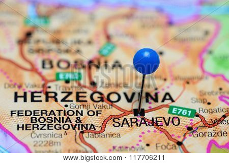 Sarajevo pinned on a map of Bosnia and Herzegovina