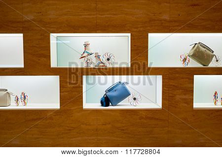 HONG KONG - JANUARY 26, 2016: design of Fendi store at Elements Shopping Mall. Fendi is an Italian luxury fashion house.