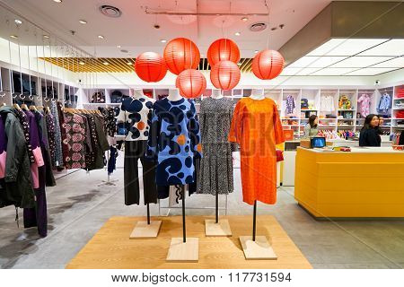 HONG KONG - JANUARY 26, 2016: interior of Marimekko store. Marimekko is a Finnish company based in Helsinki that has made important contributions to fashion, especially in the 1960s