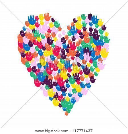 Illustration of big heart shape filled with hands