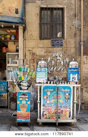Cairo, Egypt - February 6, 2016: Local juice bar, Moez Street, Cairo, Egypt