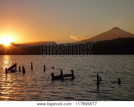 Beautiful Romantic Sunrise At Lago Villarica In Chile