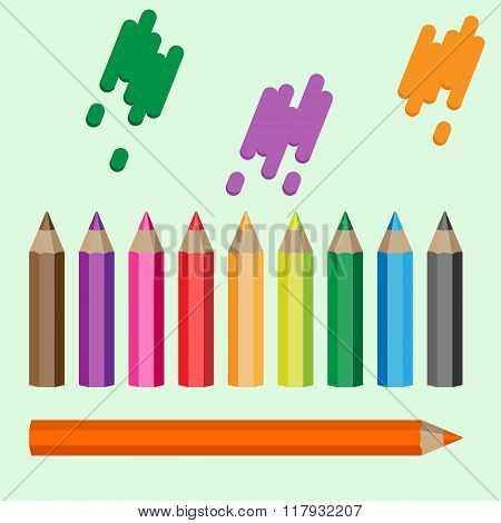 Varicolored pencils set. Ten crayons in a raw