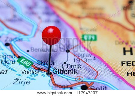 Sibenik pinned on a map of Croatia