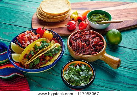 Tacos al pastor Mexican with coriander pineapple and chili