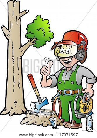 Vector Cartoon Illustration Of A Happy Working Lumberjack Or Woodcutter Giving Thumb Up