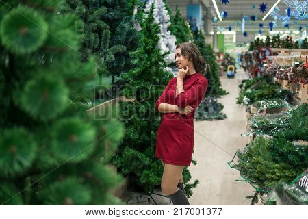 Cheerful happy customer girl choosing Christmas tree for the new year on Christmas Eve. difficult decision. Various choice