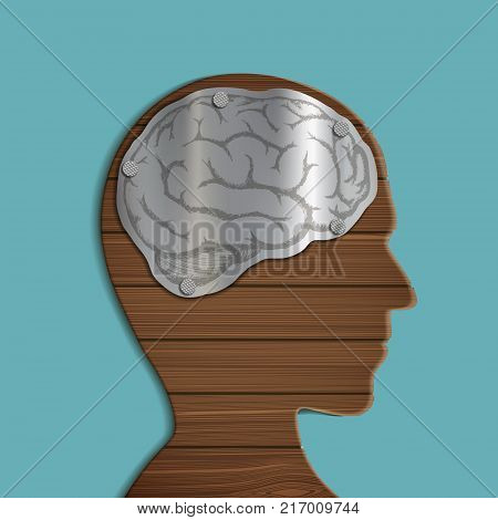 Metal brain inside the wooden human head. Internal anatomical organ. Stock vector graphics.