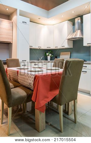 view of cozy modern kitchen interior with furniture