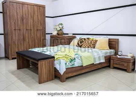 view of Cozy modern bedroom interior with furniture