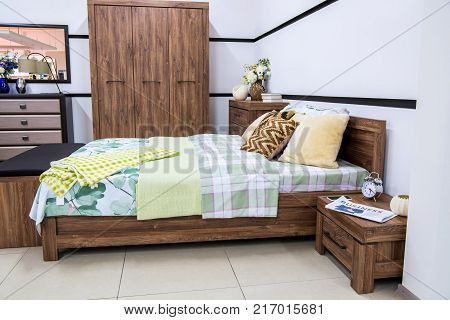 view of Cozy modern bedroom interior with furniture