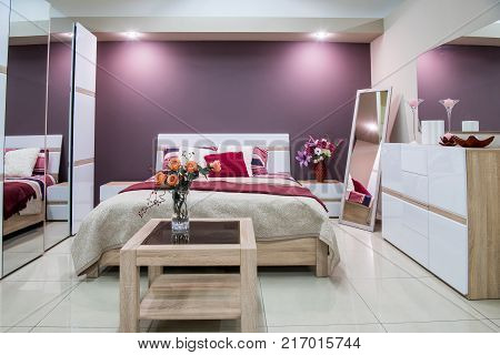 view of Cozy modern bedroom interior with furniture