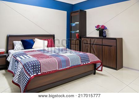 view of Cozy modern bedroom interior with furniture