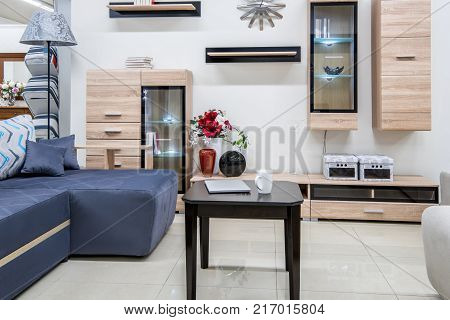 view of Cozy modern bedroom interior with furniture