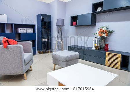 view of Cozy modern bedroom interior with furniture