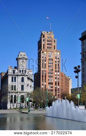 Gridley Building and State Tower Building in downtown Syracuse, New York State, USA. State Tower Building with Art Deco style building is still the tallest building in Syracuse.