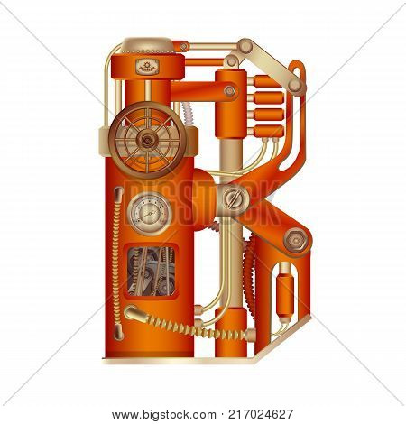 The letter B of the Latin alphabet, made in the form of a mechanism with moving and stationary parts on a steam, hydraulic or pneumatic draft. Isolated freely editable object on white background.