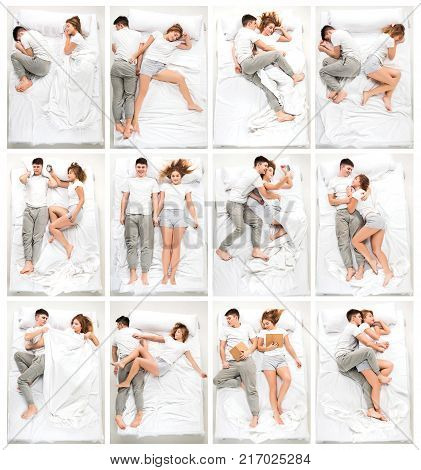The young lovely couple lying in a white bed, love lconcept, top view. Collage