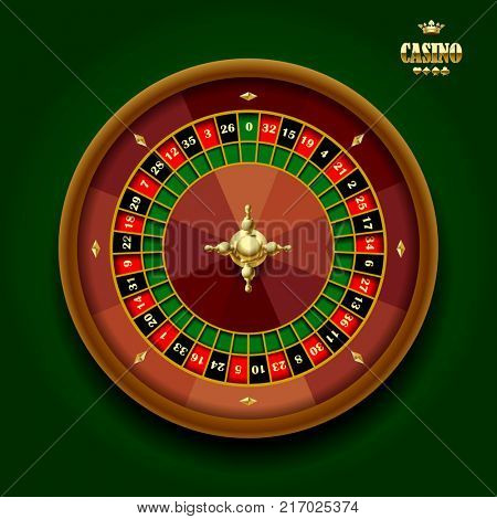 Casino roulette wheel on dark green background