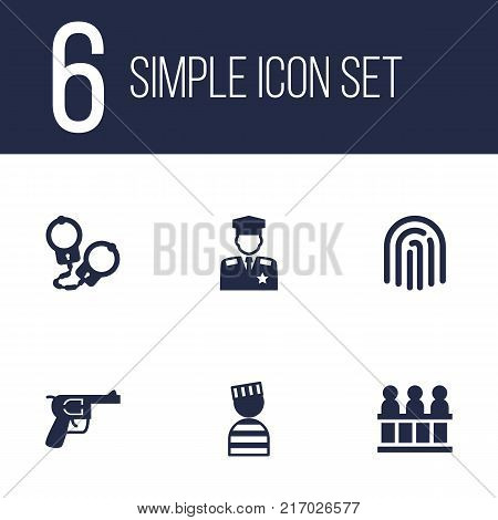 Collection Of Manacles, Policeman, Jury And Other Elements.  Set Of 6 Crime Icons Set.