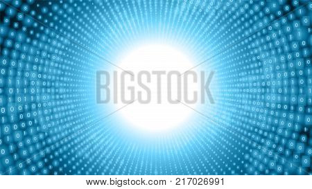 Binary big data stream visualization. Blue tunnel flow of data as numbers strings. Information code representation. Cryptographic analysis. Bitcoin, blockchain transfer. Stream of encoded data
