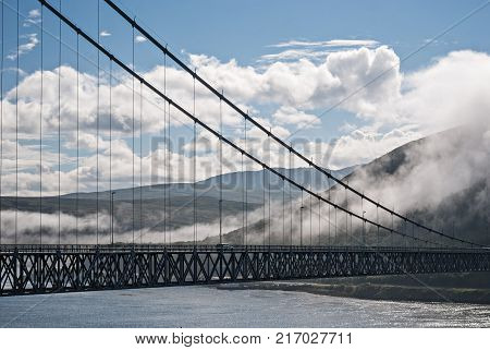 The Kvalsund Bridge is a suspension bridge between the mainland and the island of Kvaloya, Finnmark, Norway.